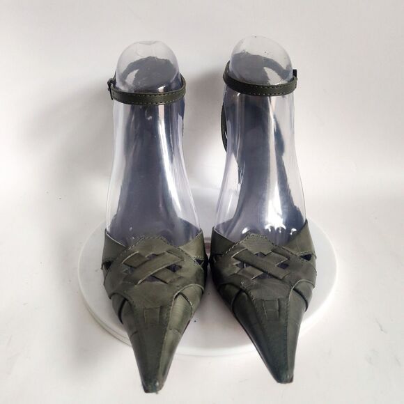 Aldo Heels Size 9 Y2K 90s Olive Green Leather Pointy Toe Ankle Strap Stiletto - Picture 7 of 11